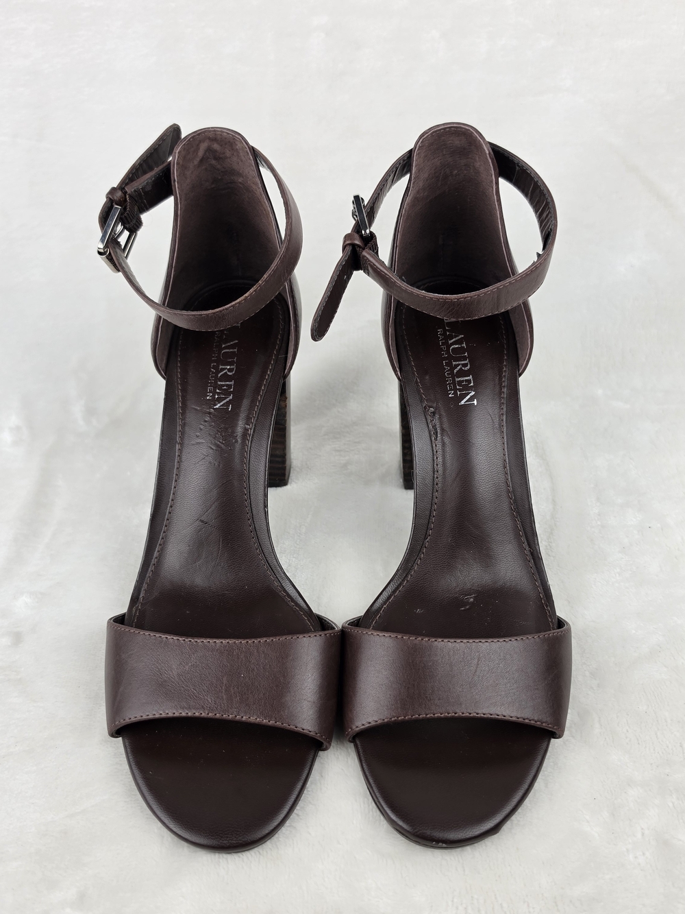 Lauren Ralph Lauren Ankle Strap Sandals Womens 9B Brown Leather Block Heel - Picture 2 of 8